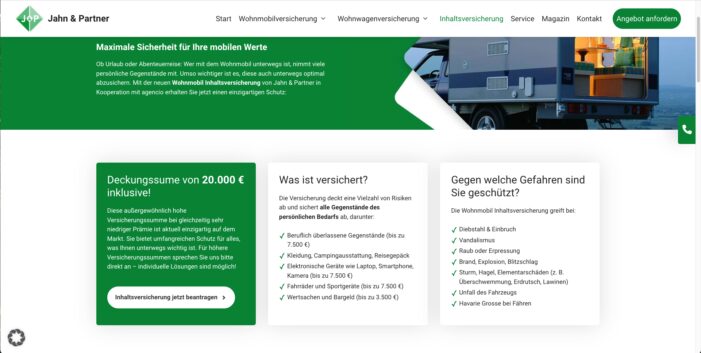 Sicher auf Reisen: Jahn?&?Partner erweitert Angebot für Wohnmobil-Inhaltsversicherung